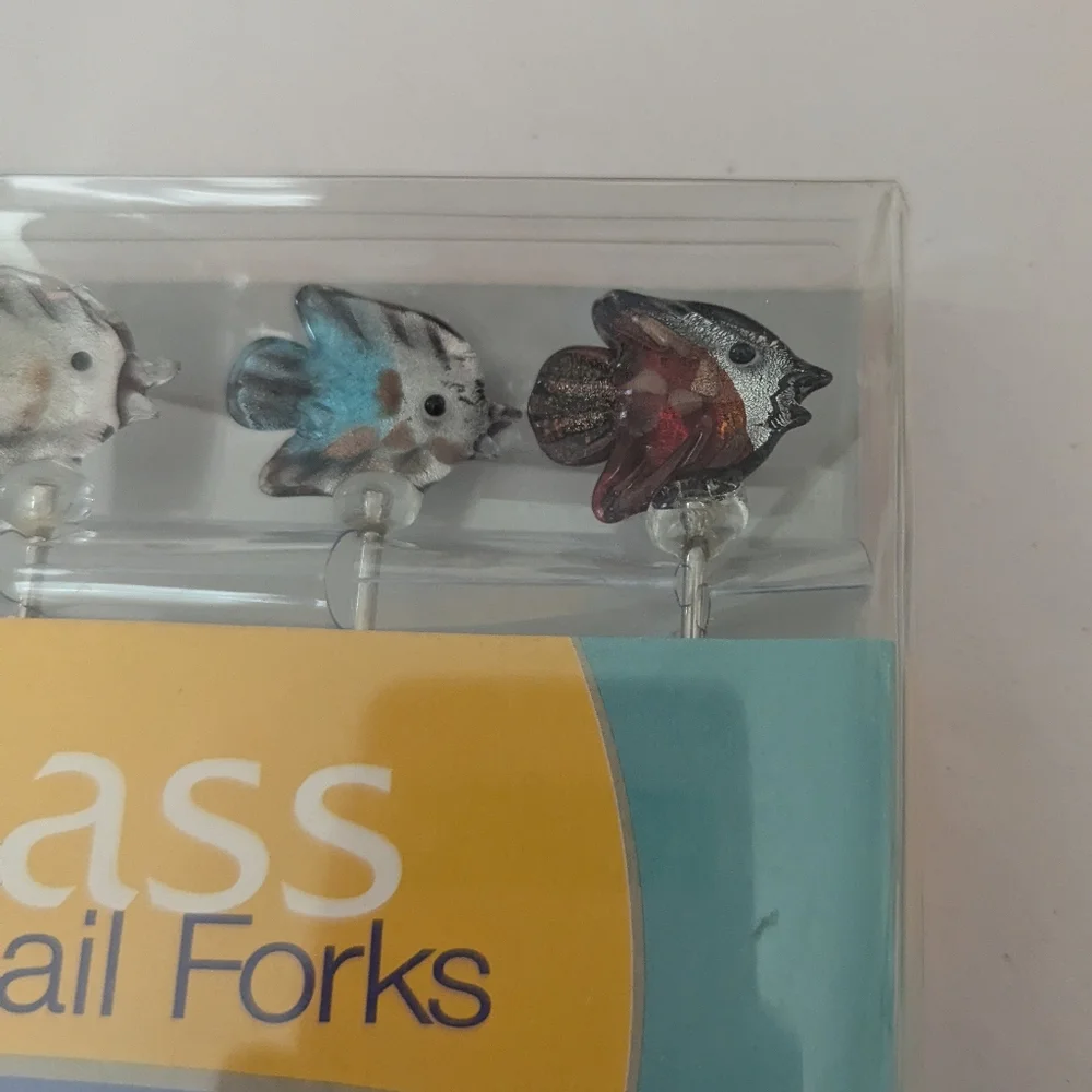 LSArts Set Of 6 Handcrafted Fish Art Glass Cocktail Forks